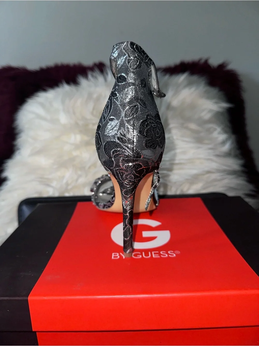 GUESS Metallic Silver Floral Crystal Slingback Heels